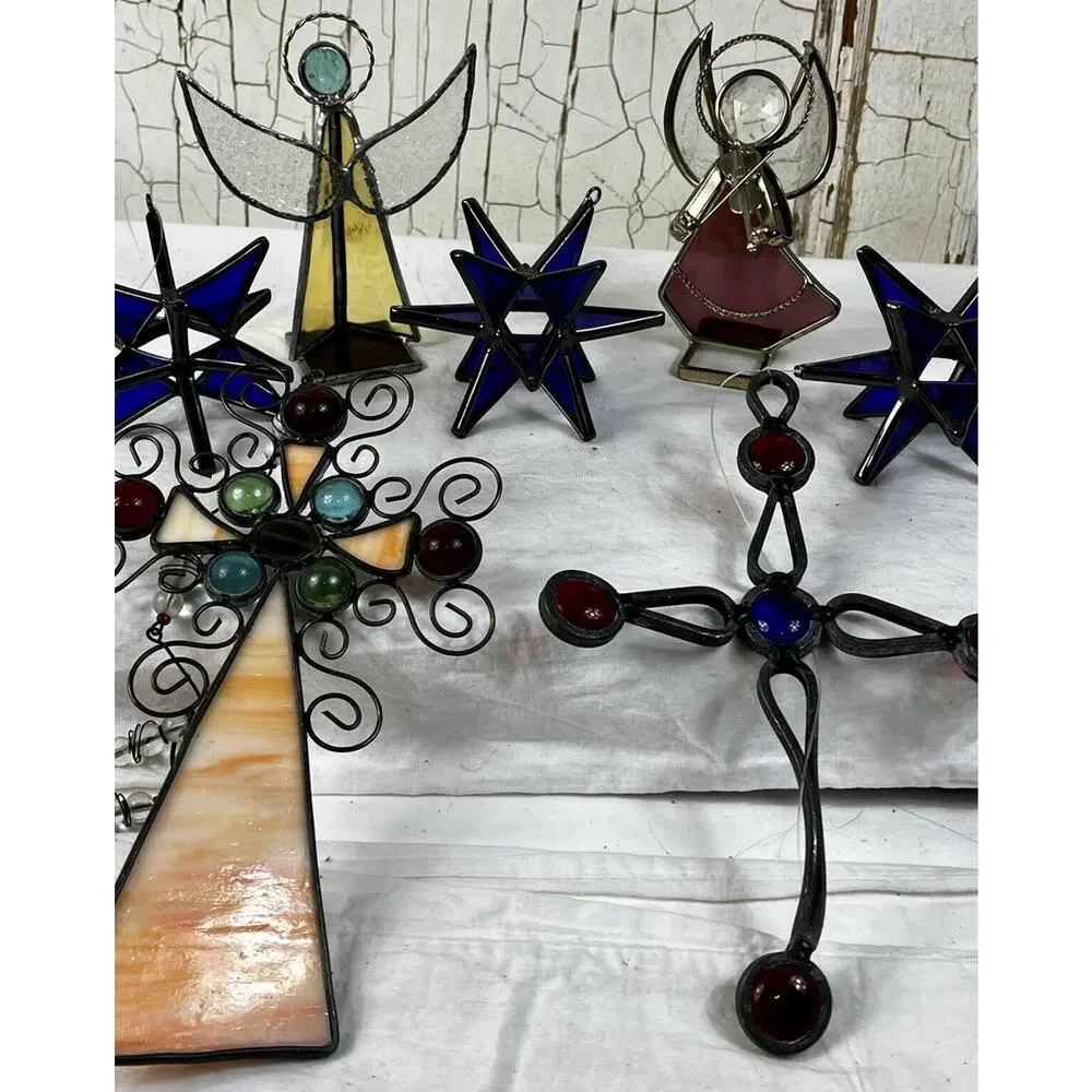 Set of 7 Stained Glass Cobalt Blue Snowflake Ornaments 4 Handmade Angel &Crosses